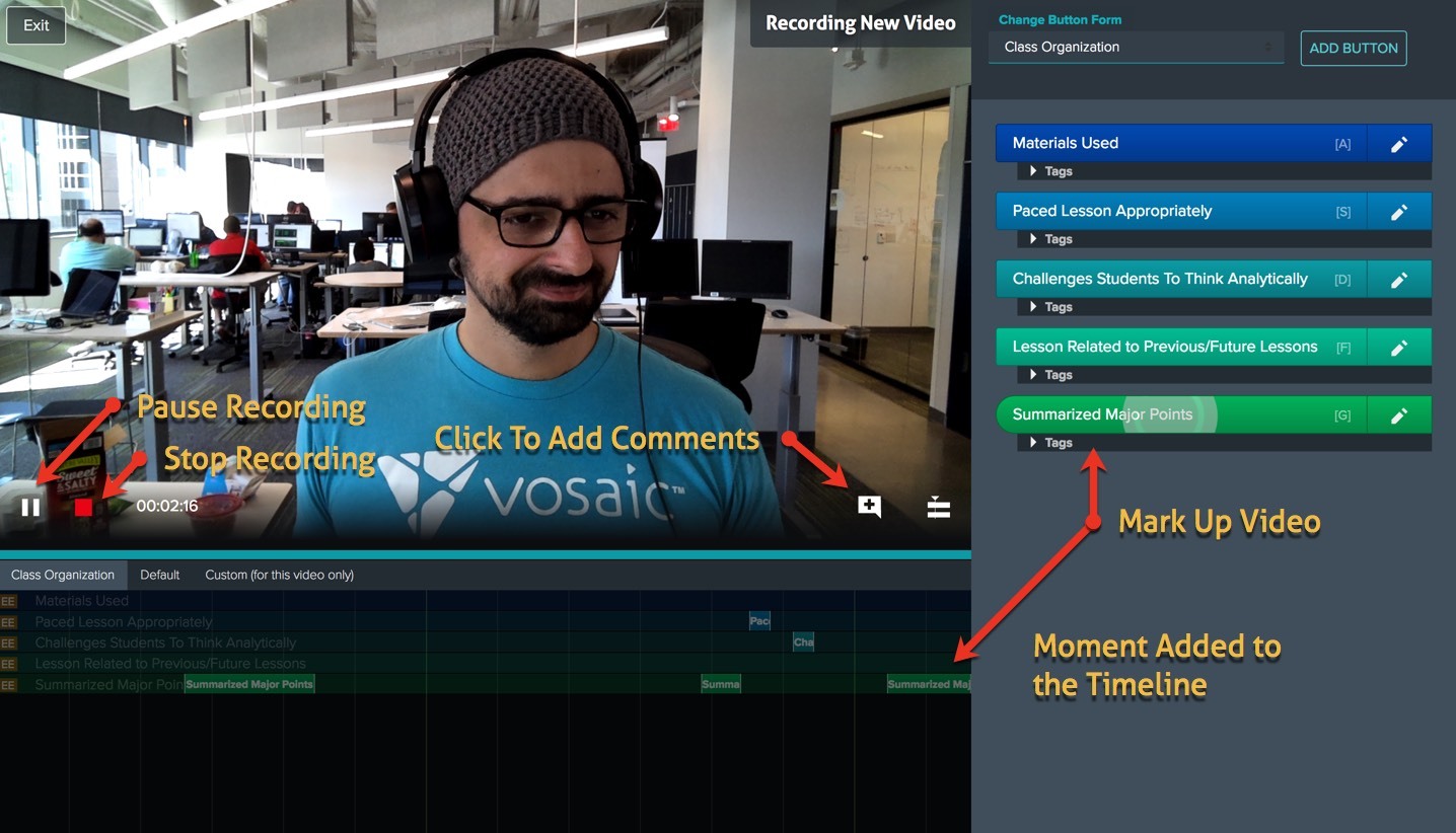 Pause and stop recording, click to add comments, mark up the video by adding moments to the timeline