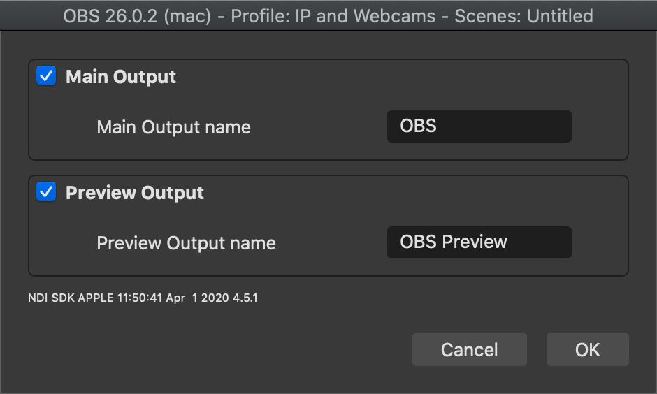 OBS NDI Output Settings Modal on a Mac