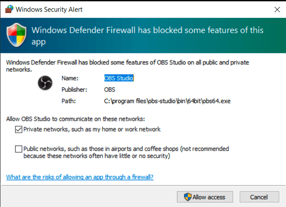 Windows Security Alert. Allow Access